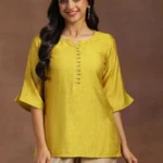 Yellow Solid Silk Blend Straight Kurti