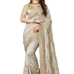 Beige Mayo Silk Zari Resham Stone Embroidery Work Saree with Blouse Piece