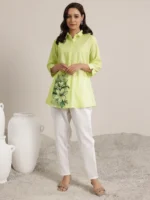 Lime Printed Cotton Blend Straight Short Kurti - Image 3
