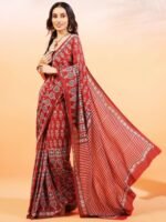 Handprinted Ajrakh On Cotton Red Saree With Running Blouse - Image 4